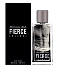 Abercrombie & Fitch Fierce cologne bottle with muscular torso design, clear glass, silver cap, and black box packaging, 3.4oz eau de cologne